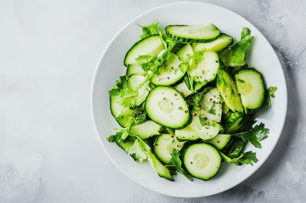 Fresh cucumber and lettuce salad served in a white bowl garnished with herbs for a healthy meal option