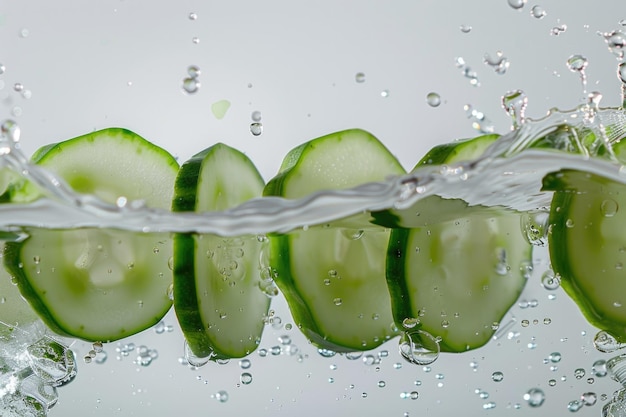 Fresh cucumber slices floating in clear water Suitable for healthy lifestyle concepts