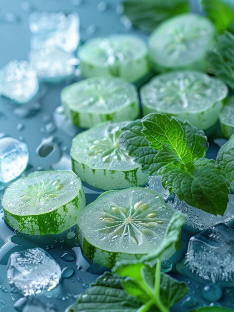 Photo fresh cucumber slices with mint leaves and ice cubes on a wet surface refreshing and cool