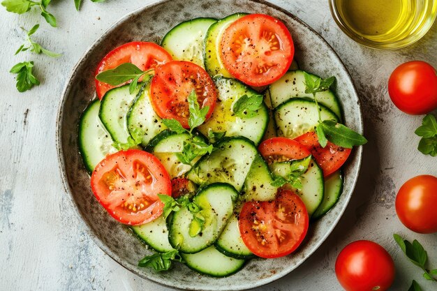 Fresh cucumber and tomato salad drizzled with olive oil garnished with herbs Perfect for a healthy meal