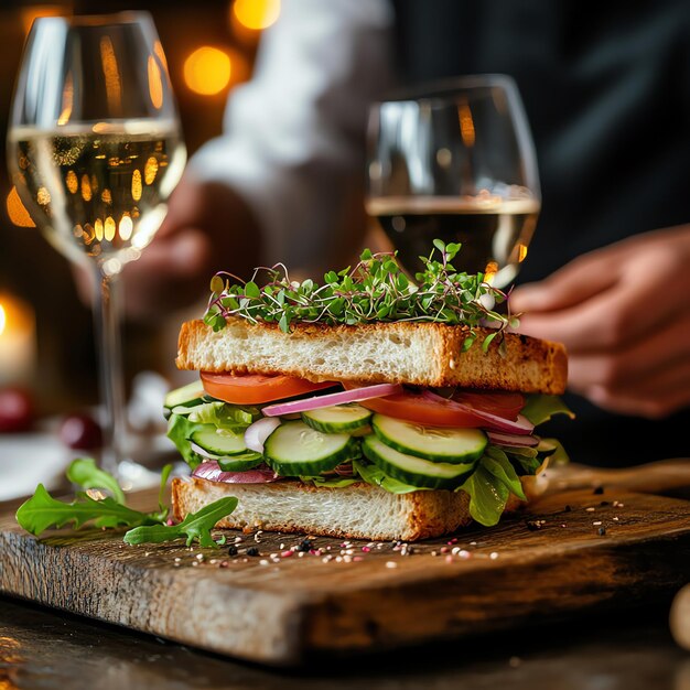 Photo fresh cucumber and tomato sandwich with microgreens on wooden board