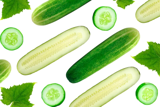 Fresh cucumber with leaf and slices isolated on white background