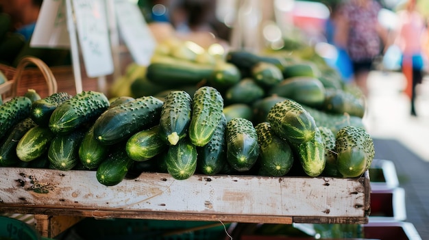 Photo fresh cucumbers are neatly stacked in a rustic wooden crate at an outdoor market exuding an inviting vibe of farmfresh produce and local trade