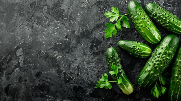 Fresh cucumbers On black background copy space Top view