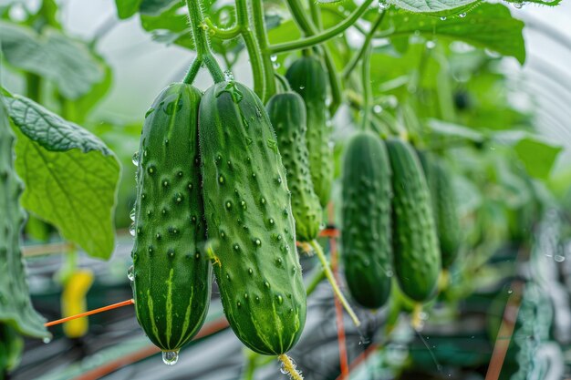 Fresh cucumbers in greenhouse promoting controlled environment agriculture benefits