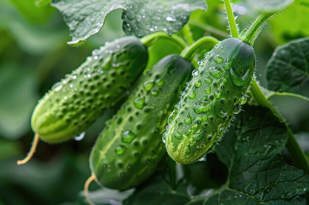 Fresh cucumbers in greenhouse setting with water drops Suitable for horticulture publications