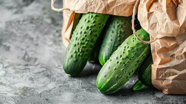 Photo fresh cucumbers in paper bags on a rustic surface organic green vegetables for a healthy diet