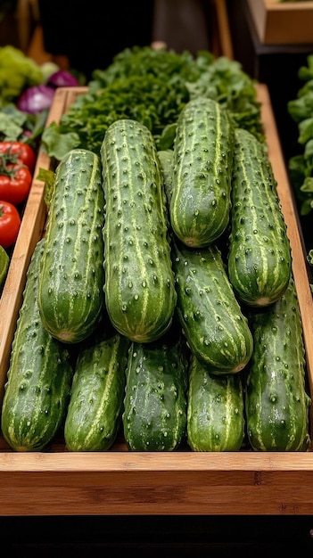 Photo fresh cucumbers stacked at a market