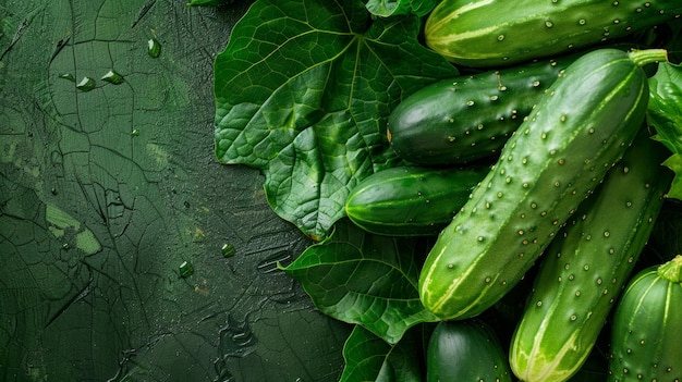 Fresh Cucumbers with Green Leaf Background and Water Droplets for Promotional Banner Design