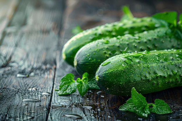 Photo fresh cucumbers with mint on rustic wooden surface