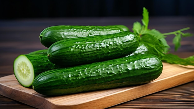 Fresh cucumbers on a wooden board closeup