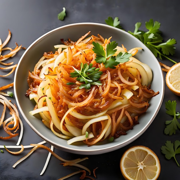 Fresh Culinary Delight Bowl of Food with Crispy Onion Garnish