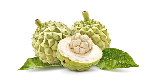 Fresh custard apples with leaves isolated on white Vibrant food photo perfect for culinary use or healthy eating concepts AI