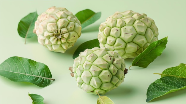 Fresh custard apples with leaves on light green background Bright and vibrant image Perfect for healthy eating concepts websites and food blogs AI