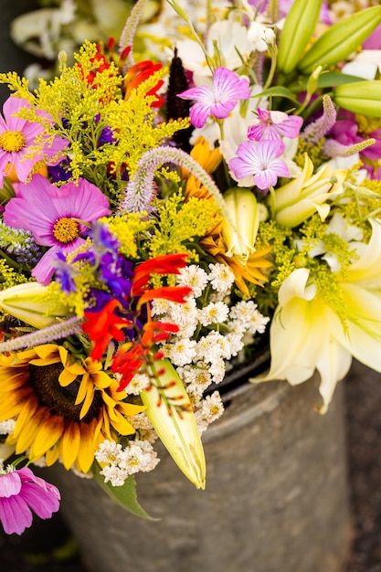 Fresh cut flowers on sale at the local farmers market.