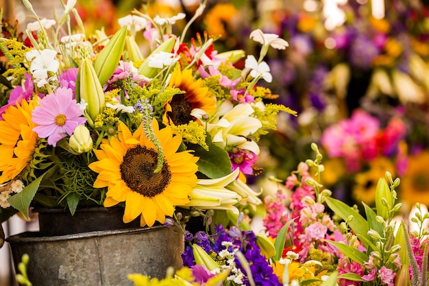 Fresh cut flowers on sale at the local farmers market.