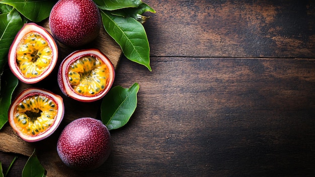 Photo fresh cut and whole passion fruits maracuyas on wooden table