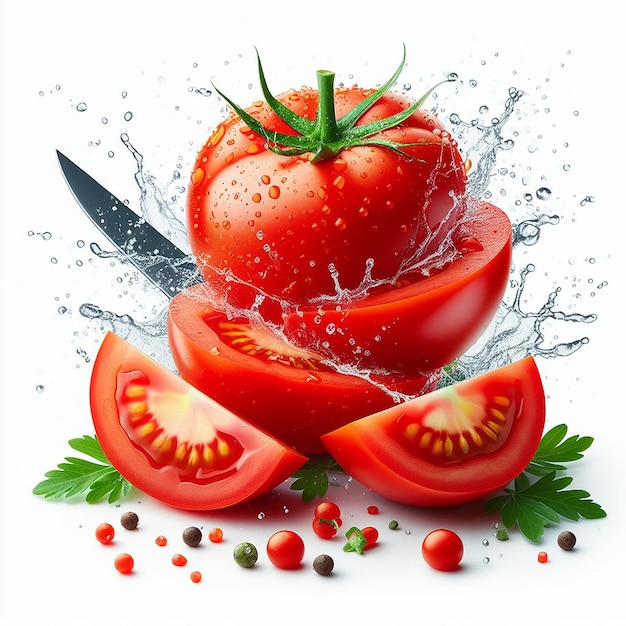 Fresh cutting splash tomatoes isolated on a white background