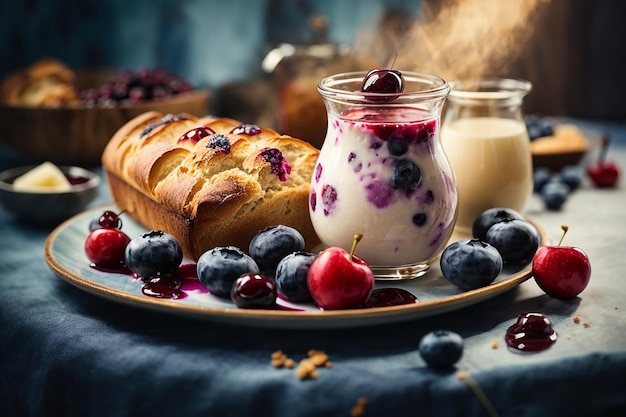 Fresh danish bread with milk and fruit blueberry cherry sauce served with milk