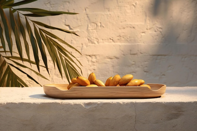 Fresh date palm fruits on wooden tray on white brick wall background