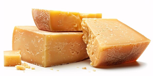 Fresh delectable cheese cut and displayed against a white backdrop