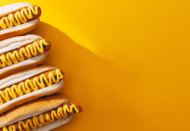 Fresh and delicious American hot dogs on a yellow background