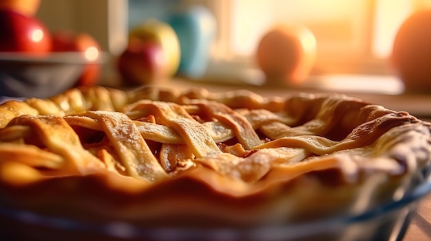 Fresh delicious apple pie on blurred kitchen background Generative Ai