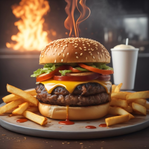 The fresh and delicious cheese hamburger with fries on a dark black background