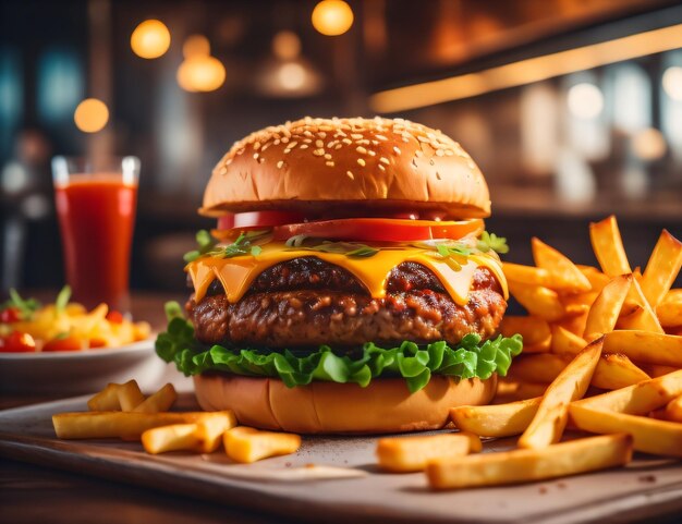 The fresh and delicious cheese hamburger with fries on a dark black background