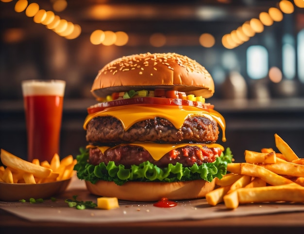 The fresh and delicious cheese hamburger with fries on a dark black background