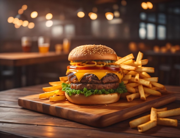 The fresh and delicious cheese hamburger with fries on a dark black background