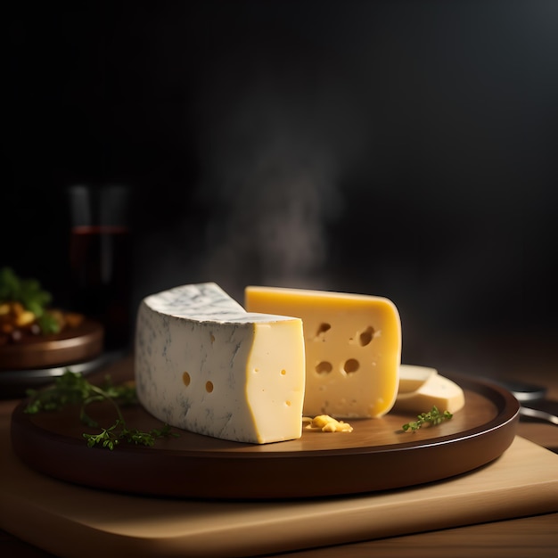 Fresh and delicious cheese selection adorned with pieces and slices