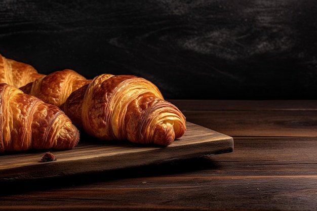 Fresh delicious croissants on wooden table Generative AI