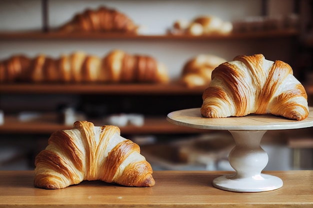 Fresh delicious French croissant on counter in bakery