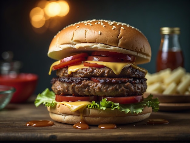 Fresh delicious hamburger on dark background