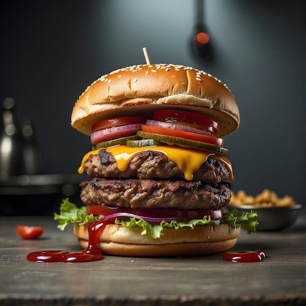 Fresh delicious hamburger on dark background