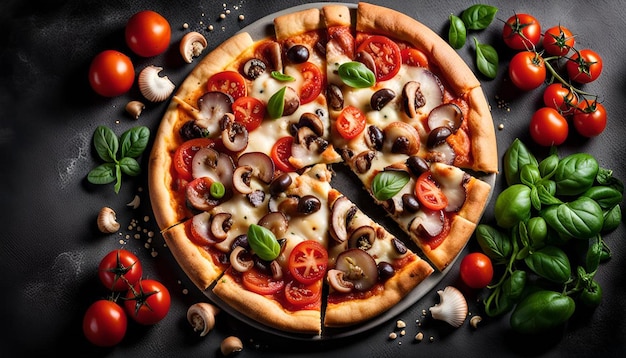 Fresh delicious italian pizza with mushrooms and tomatoes on a dark concrete