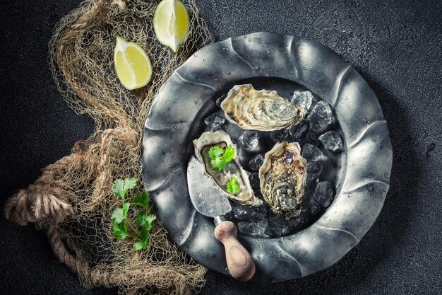 Fresh and delicious oysters with lemons and coriander