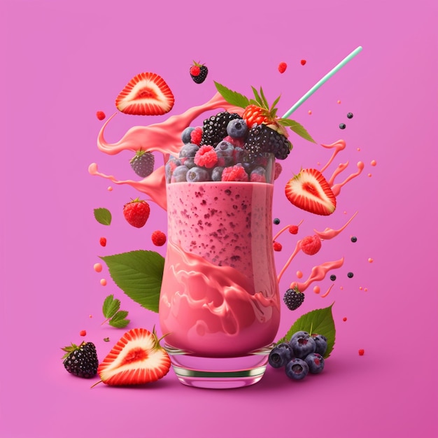 Fresh and delicious smoothie with berries floating around on a pink background