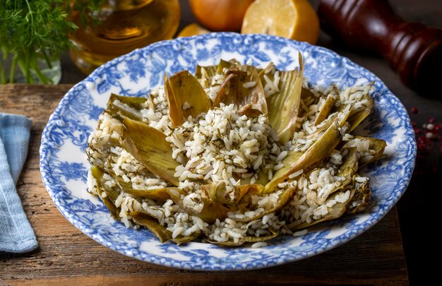 Fresh delicious stuffed artichoke, best Turkish food. Turkish name; Zeytinyagli Enginar Dolmasi