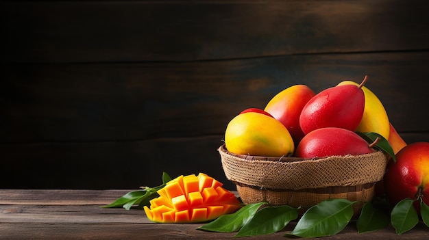 Fresh Delicious Sweet Mangoes on a Wooden Background