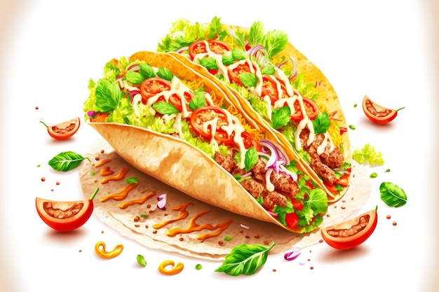 Fresh delicious tacos with vegetables meat in tortilla tortilla with sauce