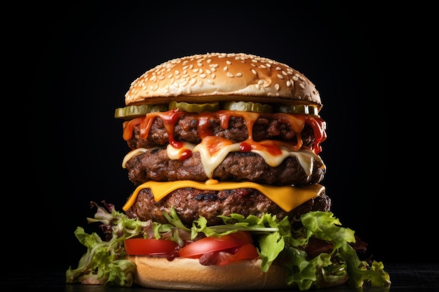 Fresh delicious triple cheeseburger on a black background American traditional cuisine Fast food