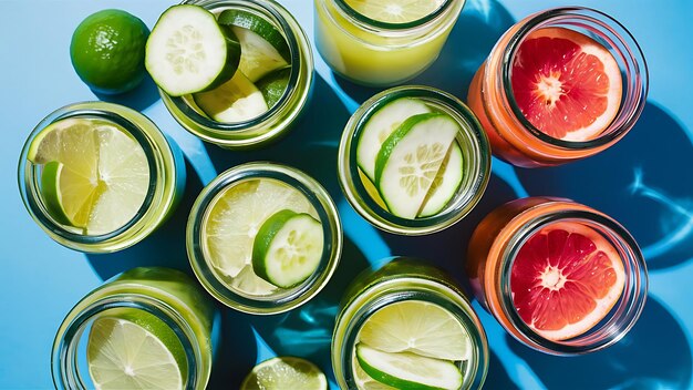 Fresh detox drinks in jars near limes cucumber and grapefruit isolated on blue