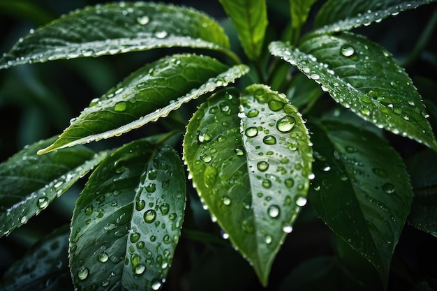 Fresh Dew on Vibrant Green Leaves