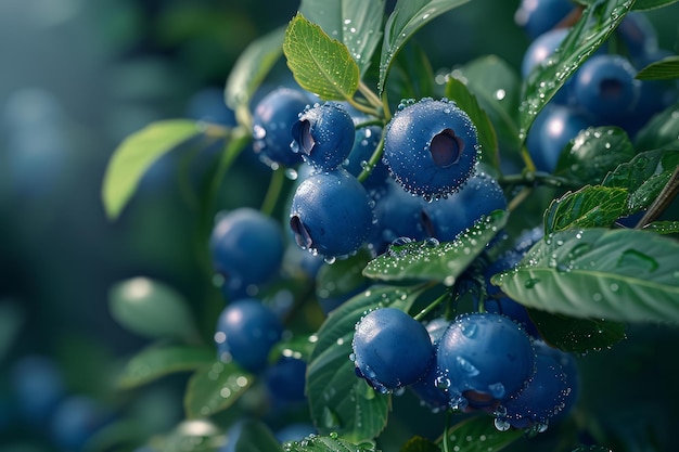 Fresh dewy blueberries on a bush