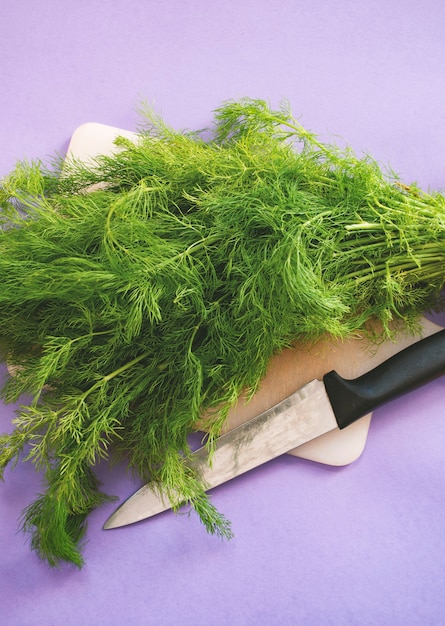 A fresh dill on a cutting board next to a knife on a purple surface