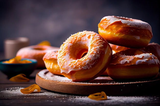 Fresh donuts with icing on wooden board Selective focus Generative AI