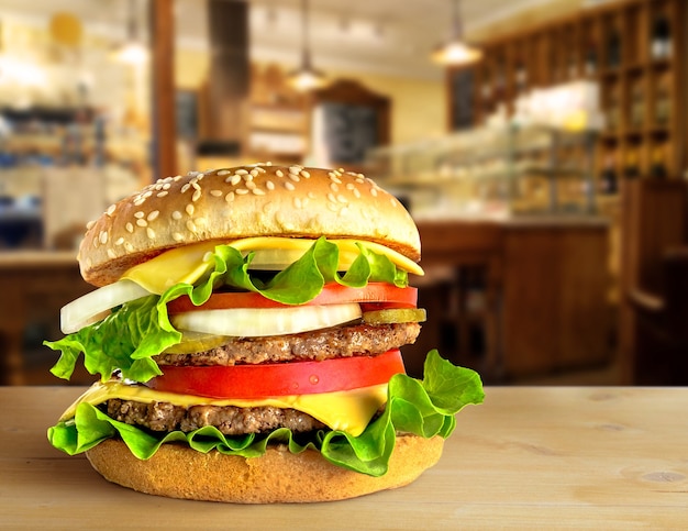 Fresh double hamburger on wooden table in fast food restaurant background.