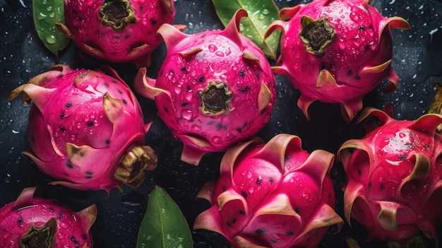 Fresh Dragon fruits visible water drops on seamless background generative AI